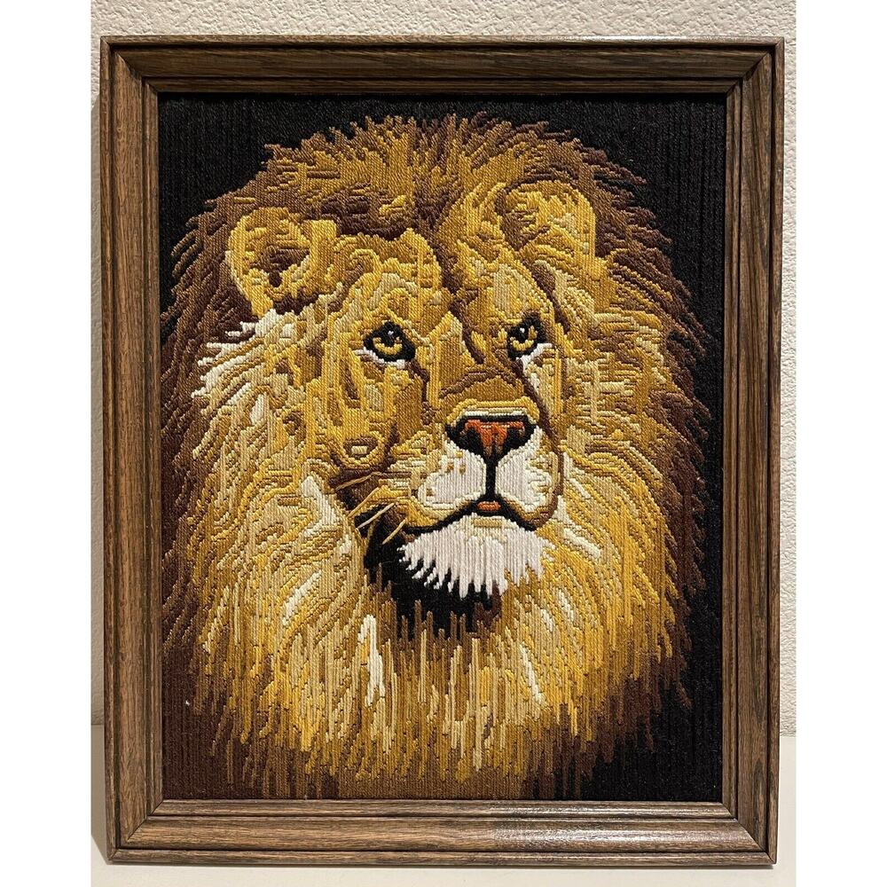 Large completed latch hook (cross stitched), Lion, ready for hanging, 18” X 22”